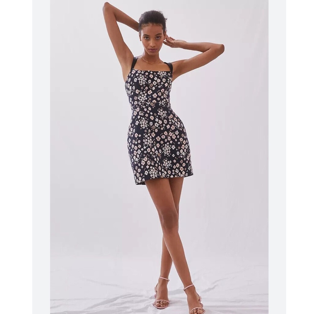 Anthropologie Maeve Navy and Pink Floral jacquard Dress